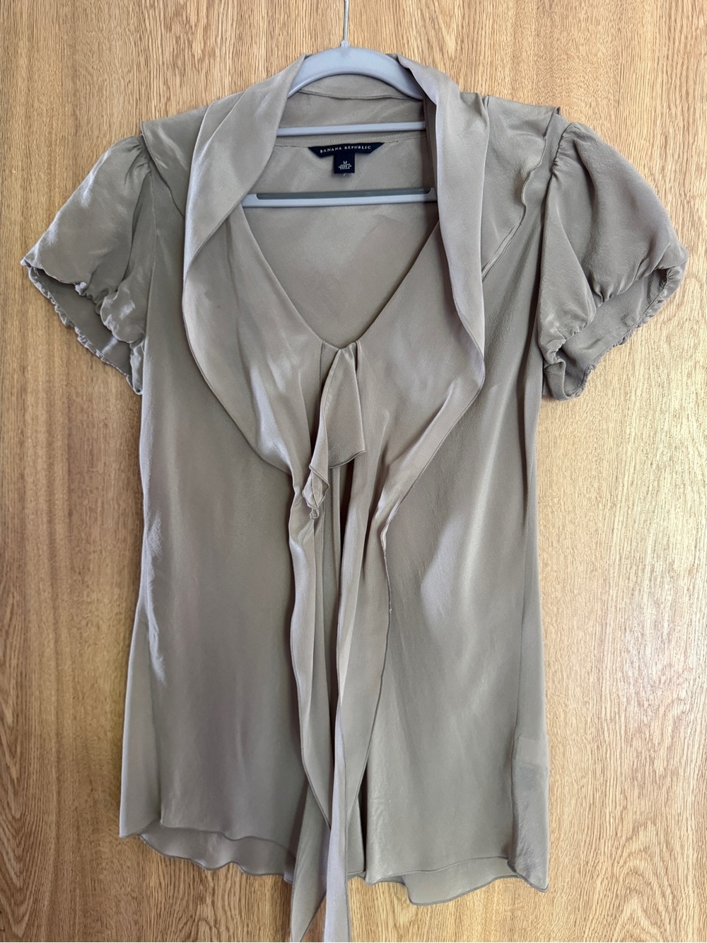 Banana Republic Taupe Tie-Neck Silk Short Sleeve Blouse with Puff Sleeves